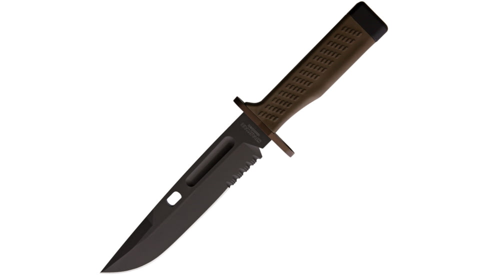 Fox Spartan Fox Combat Knife, 7.25 black MIL-C-13924 burnished partially serrat, OD green Forprene handle, 02FX158