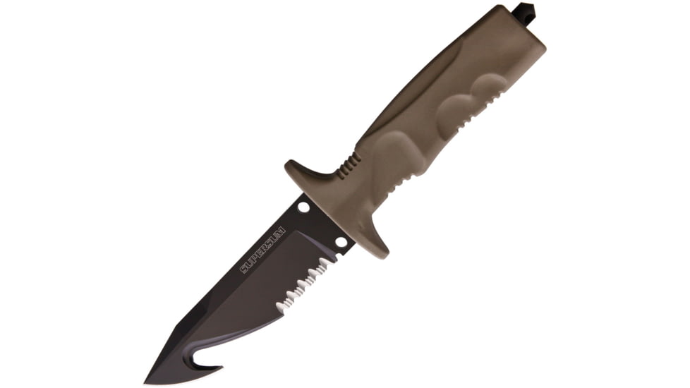 Fox Supersum Rescue Knife, 5.25 black finish partially serrated Bohler N690 , Desert tan Forprene handle, 02FX171102