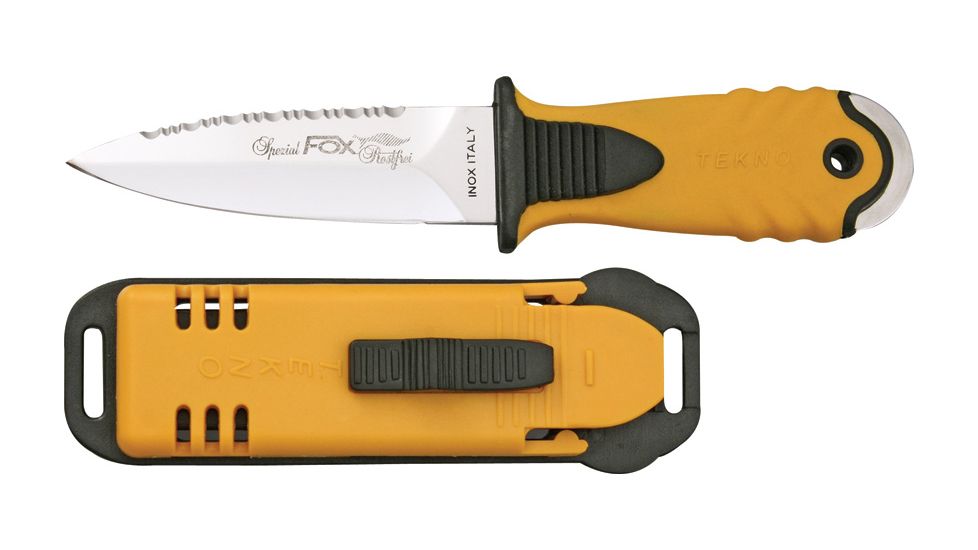 Fox Tekno Sub Fixed Blade Knife, 4in, Serrated, Yellow Rubber Handle FOX64611