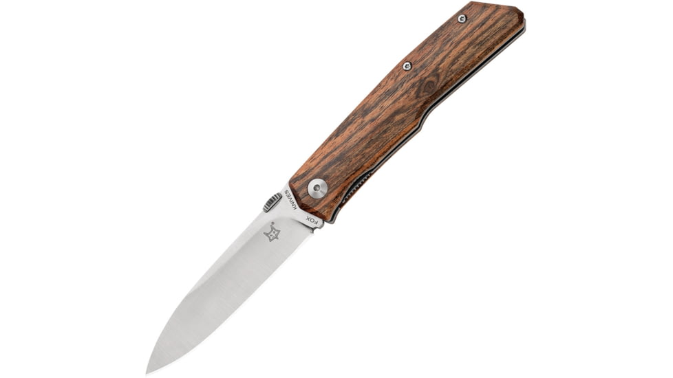 Fox Terzuola Bocote Folding Knife, 3.5in Satin Bohler N690 SS Drop Point, Brown Bocote Wood Handle, Thumb Disk, Brown Leather Sheath, brown, 01FX117