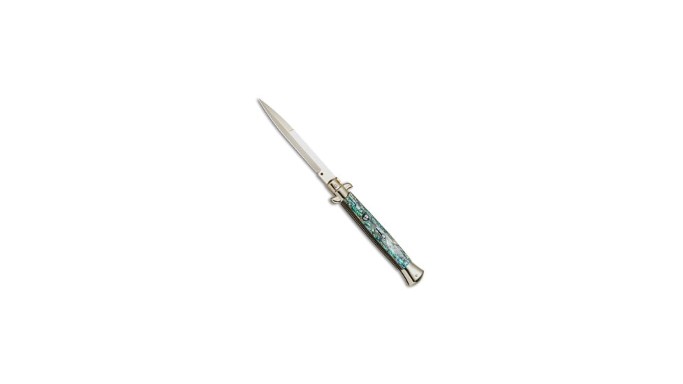Frank Beltrame 11 Italian Stiletto Automatic Folding Knife, 4.875in, Stainless Steel, Bayonet Blade, Abalone, Blue Handle, Blue/Gold, 10.75 inch, BHQ-82054