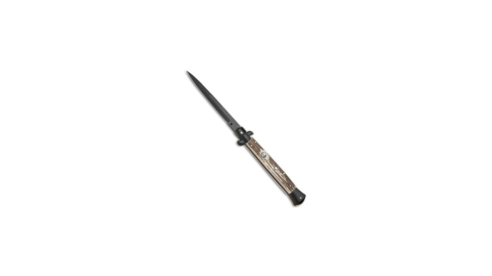 Frank Beltrame 11 Italian Stiletto Bayonet Automatic Folding Knife, 5.00in, Stainless Steel, Bayonet Blade, Stag, Brown Handle, Brown/Black, 11.00 inch, BHQ-72049