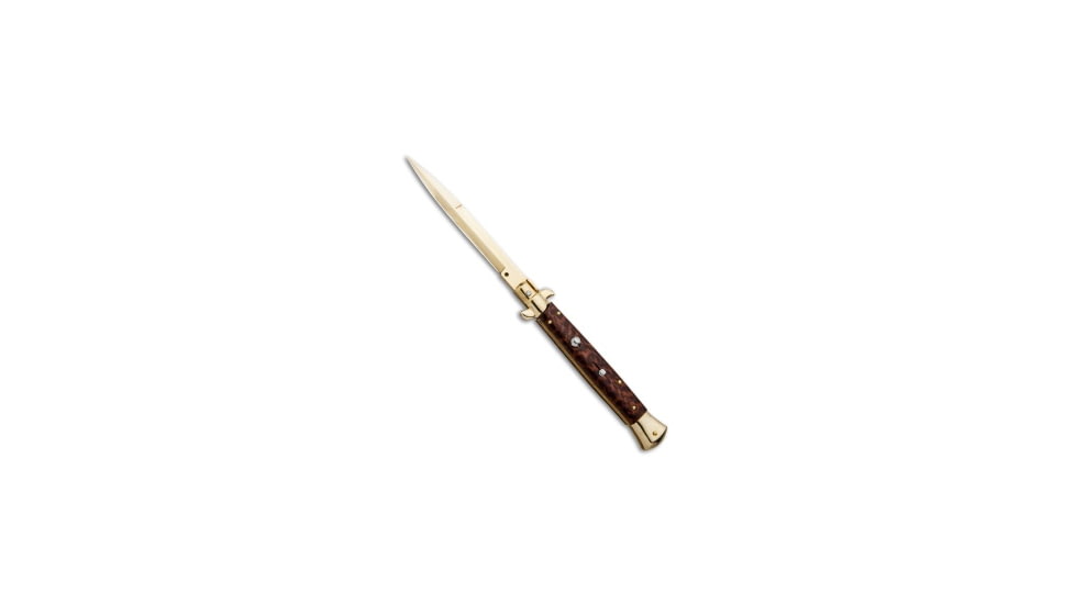 Frank Beltrame 11 Italian Stiletto Bayonet Automatic Folding Knife, 5.00in, Stainless Steel, Bayonet Blade, Wood, Wood Handle, Wood/Gold, 11.00 inch, BHQ-85969