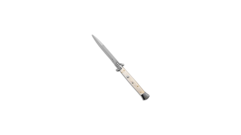 Frank Beltrame 11 Italian Stiletto Bayonet Swinguard Automatic Folding Knife, 5.00in, Stainless Steel, Bayonet Blade, Gemstone, White Handle, White/Gray, 11.00 inch, BHQ-182790