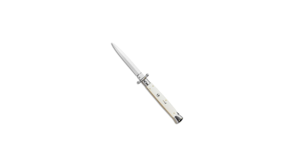 Frank Beltrame 11 Italian Stiletto Swinguard Automatic Folding Knife, 5.00in, Stainless Steel, Dagger Blade, Bone, White Handle, Satin Dagger, White/Steel, 11.00 inch, BHQ-105551