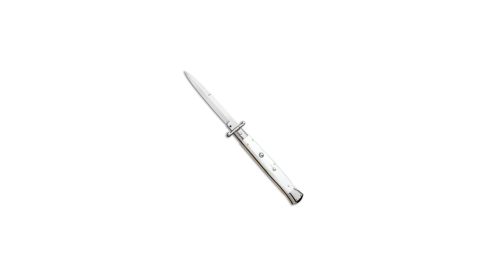 Frank Beltrame 11 Italian Stiletto Swinguard Bayonet Automatic Folding Knife, 5.00in, Stainless Steel, Bayonet Blade, Acrylic, White Handle, White/Gray, 11.00 inch, BHQ-95085