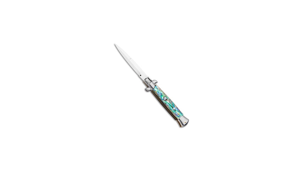 Frank B Frank B 9" Italian Stiletto Automatic Bayonet Knife Abalone 4" Satin, Blue, Stainless Steel, adult, BHQ-95096