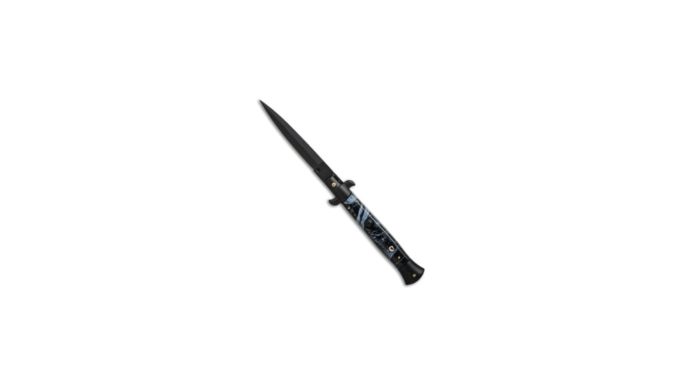 Frank Beltrame 9 Italian Stiletto Automatic Folding Knife, 4.00in, Stainless Steel, Bayonet Blade, Acrylic, Black Handle, Dagger, Black/Black, 9.00 inch, BHQ-50935