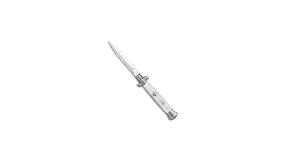 Frank Beltrame 9 Italian Stiletto Automatic Folding Knife, 4.00in, Stainless Steel, Dagger Blade, Acrylic, White Handle, White/Steel, 9.00 inch, BHQ-138986
