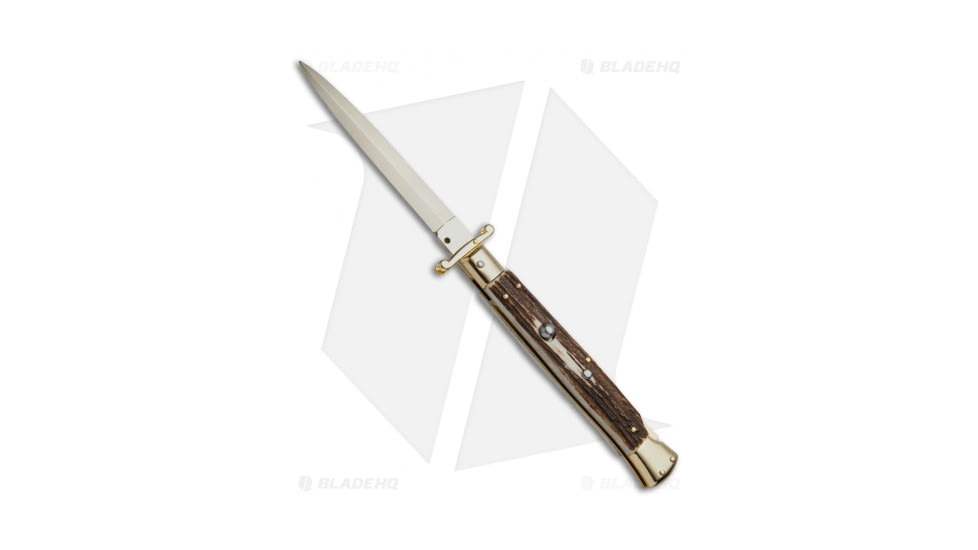 Frank Beltrame 11 Italian Stiletto Swinguard Gold Plated Automatic Folding Knife, 5.00in, Stainless Steel, Bayonet Blade, Horn, Brown Handle, Brown/Gold, 11.00 inch, BHQ-51920