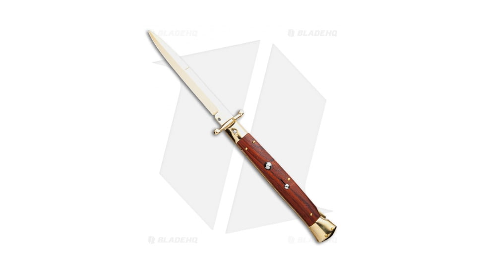 Frank Beltrame 11 Italian Stiletto Swinguard Bayonet Automatic Folding Knife, 5.00in, Stainless Steel, Bayonet Blade, Wood, Wood Handle, Wood/Gold, 11.00 inch, BHQ-51921