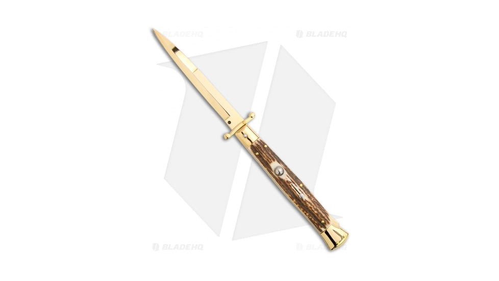 Frank Beltrame 11 Italian Stiletto Swinguard Bayonet Automatic Folding Knife, 5.00in, Stainless Steel, Bayonet Blade, Stag, Brown Handle, Brown/Gold, 11.00 inch, BHQ-95060