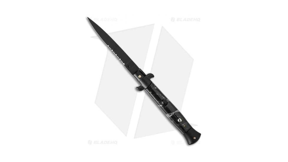 Frank Beltrame 9 Italian Stiletto Automatic Folding Knife, 4.00in, Stainless Steel, Spear Point Blade, Acrylic, Black Handle, Black/Black, 8.75 inch, BHQ-50921