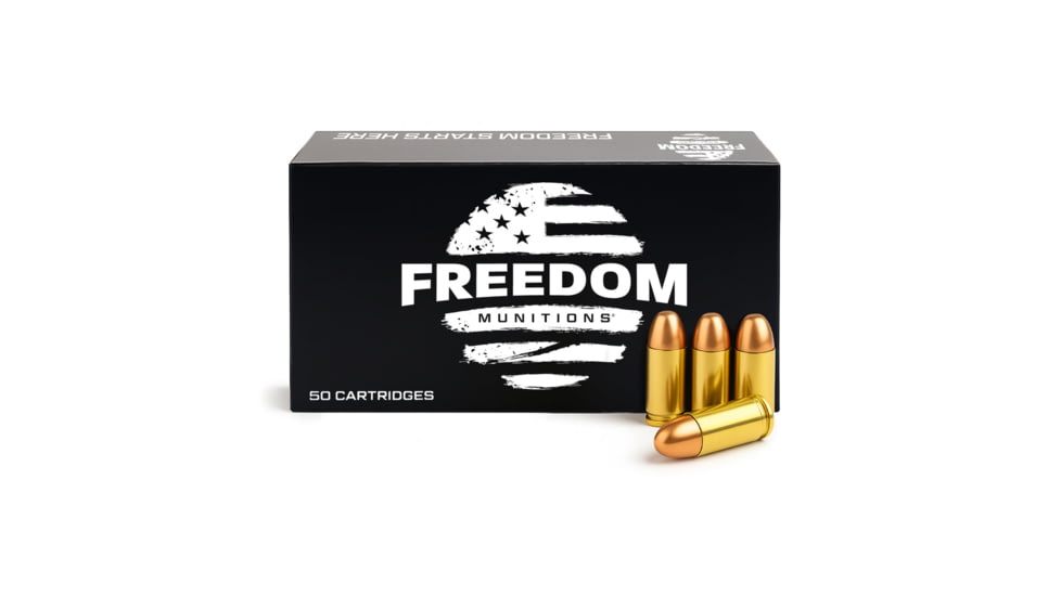 Freedom Munitions 9mm Luger 115 Grain Round Nose Brass Pistol Ammo, 50 Rounds, FM9R115N50