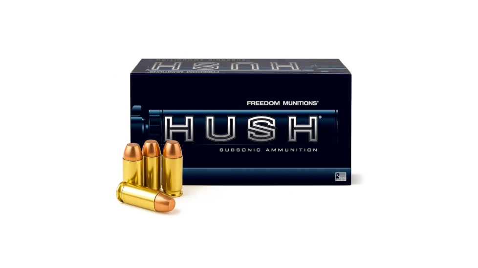 Freedom Munitions HUSH Subsonic 10mm 200 Grain RNFP Brass Pistol Ammo, 50 Rounds, FMH10RF200N50