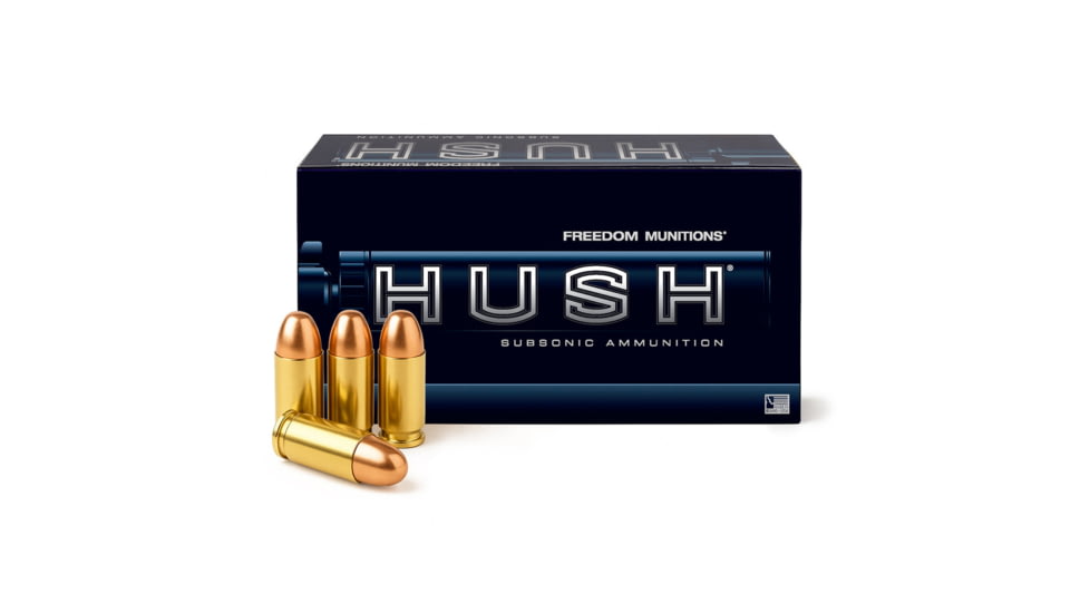 Freedom Munitions HUSH Subsonic 9mm Luger 147 Grain Round Nose Brass Pistol Ammo, 50 Rounds, FMH9R147N50