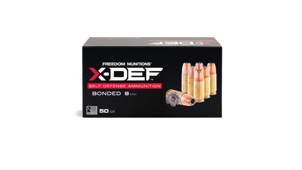 Freedom Munitions X-DEF Defense 9mm Luger 115 Grain Hollow Point Brass Pistol Ammo, 50 Rounds, FMX9XD115N50