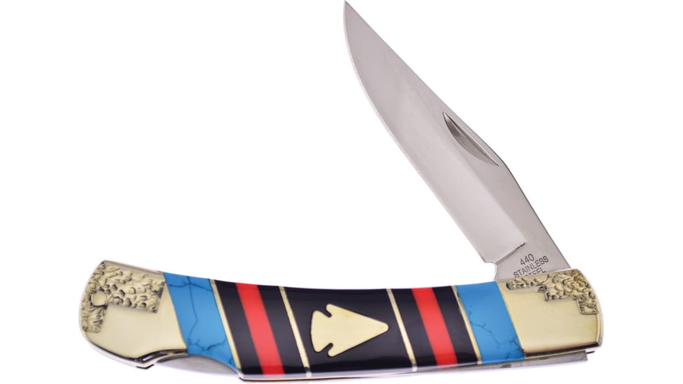 Frost Assorted Stone Lockback Folding Knife, 3in Mirror SS Clip Point Blade, Red, Black, Turquoise Color Stone Handle, SHS-536AH4