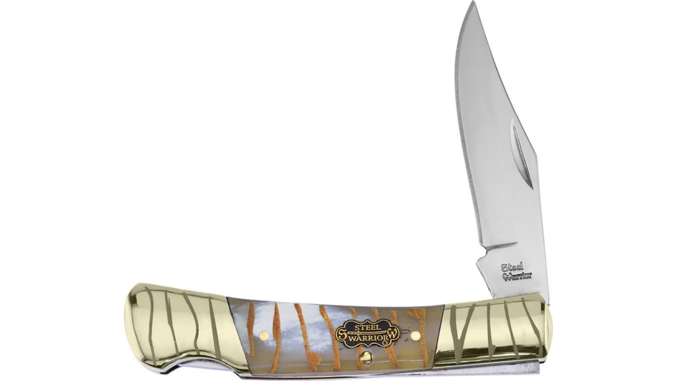 Frost Barracuda Lockback Tiger Bone Folding Knife, 2.5 mirror finish stainless clip point blade, Tiger striped bone handle, SW-100TG