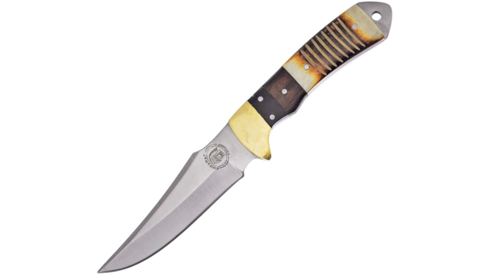 Frost Beaver Tail Knife, Chipaway, 7.5in Overall, 3.5in Satin SS Clip Point Blade, Black Horn, Walnut Wood, Torch Bone Handle, Brown Leather Sheath, CW-506