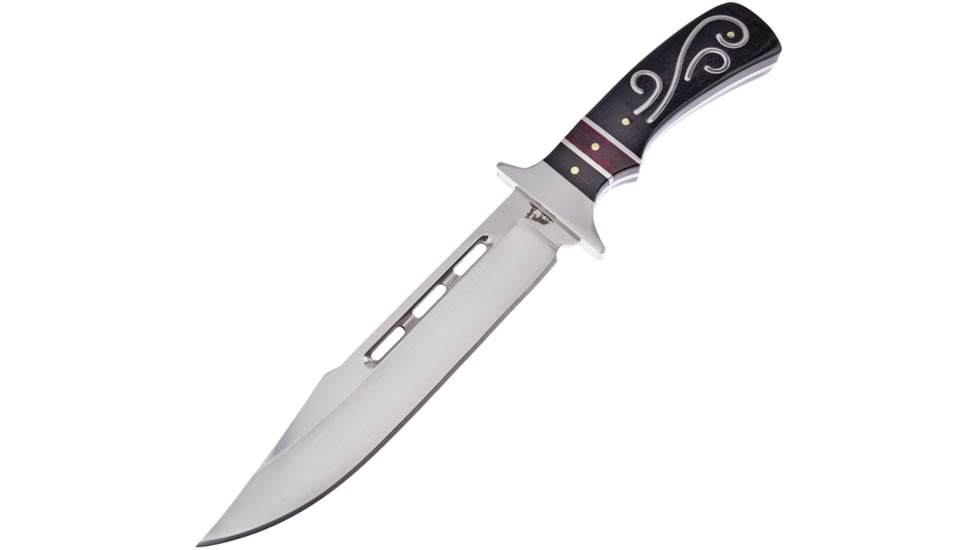 Frost Black Hills Fixed Blade Knife, Black Hills Bowie, 11.75in Overall, 7in Satin SS Clip Point Blade, Black Pakkawood Handle, SS Guard, Handle Inlays, Black Nylon Belt Sheath, Black, BKH-211