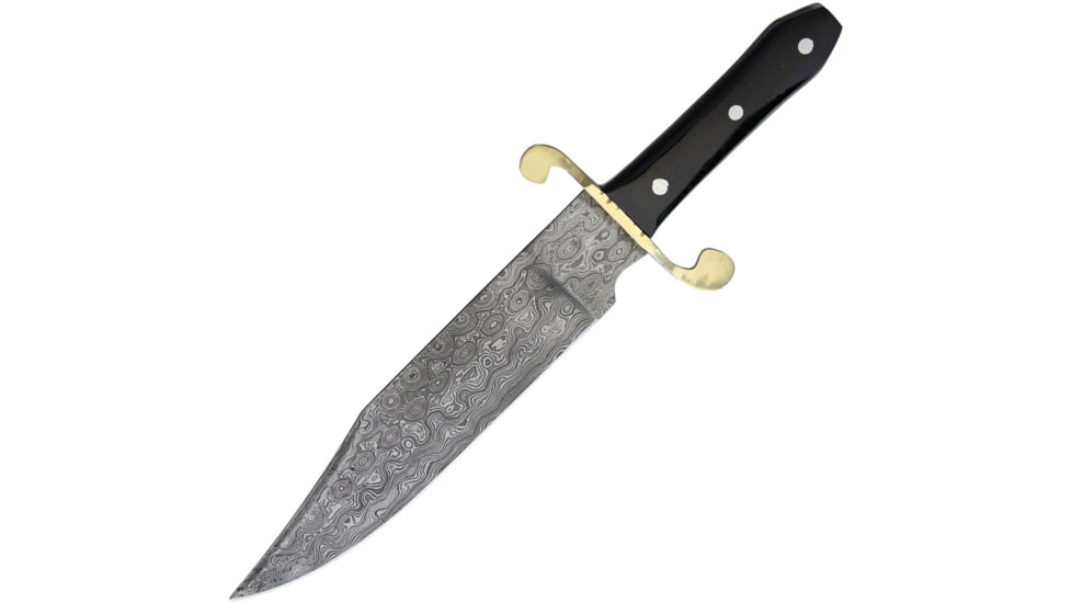 Frost Bowie Knife, 14.75in Overall, 9.75in Damascus Steel Clip Point Blade, Buffalo Horn Handle, Brass Guard, Brown Leather Sheath, FJRS005DBH