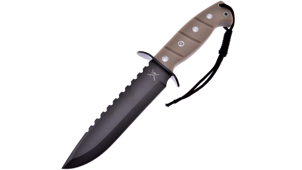 Frost Sand 7in, Bowie Knife w/ Tan ABS Sheath, 12in Overall, 7in, Black Finish Sawback Blade, Sand Rubber Handle, TX-1453SAND