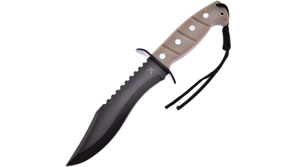 Frost Sand 7in, Bowie Knife w/ Black ABS Sheath, 12in Overall, 7in, Black Finish Sawback Blade, Sand Rubber Handle, TX-1451SAND