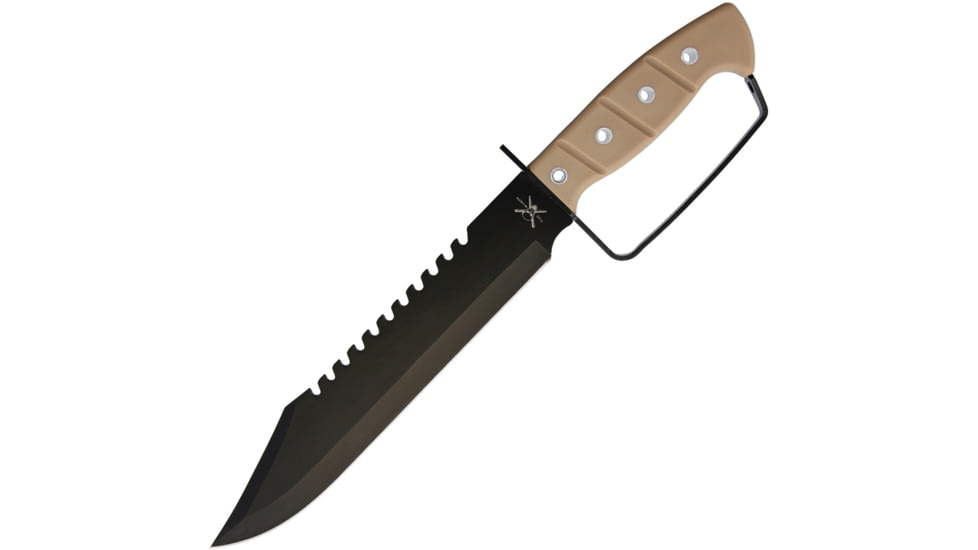 Frost Bowie Tan Knife, 10 black finish sawback stainless blade, Tan rubber handle, TX-29SAND