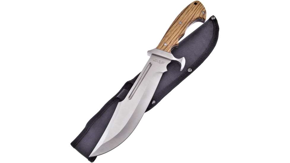 Frost Bowie Walnut with Sheath Fixed Blade Knife, Black Hills Steel, 13.5in Overall, 8in Satin SS Clip Point Blade, Walnut Handle, SS Guard, Black Nylon Belt Sheath, BKH-013WW