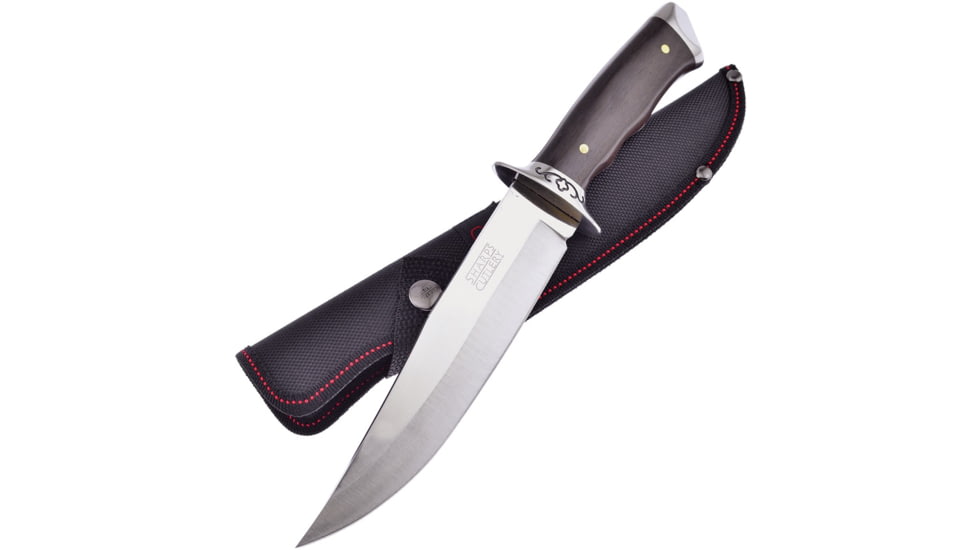 Frost Bowie Walnut Wood Bowie Knife, Sharps Cutlery, 12in Overall, 7in Satin SS Clip Point Blade, Walnut Handle, SS Guard, Black Nylon Sheath, SHP-016SS