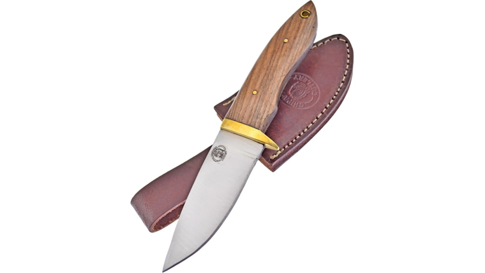 Frost Buck Tail Classic Knife, Chipaway, 7.5in Overall, 3.5in Satin SS Blade, Walnut Handle, Brass Guard, Brown Leather Sheath, CW-108DWW