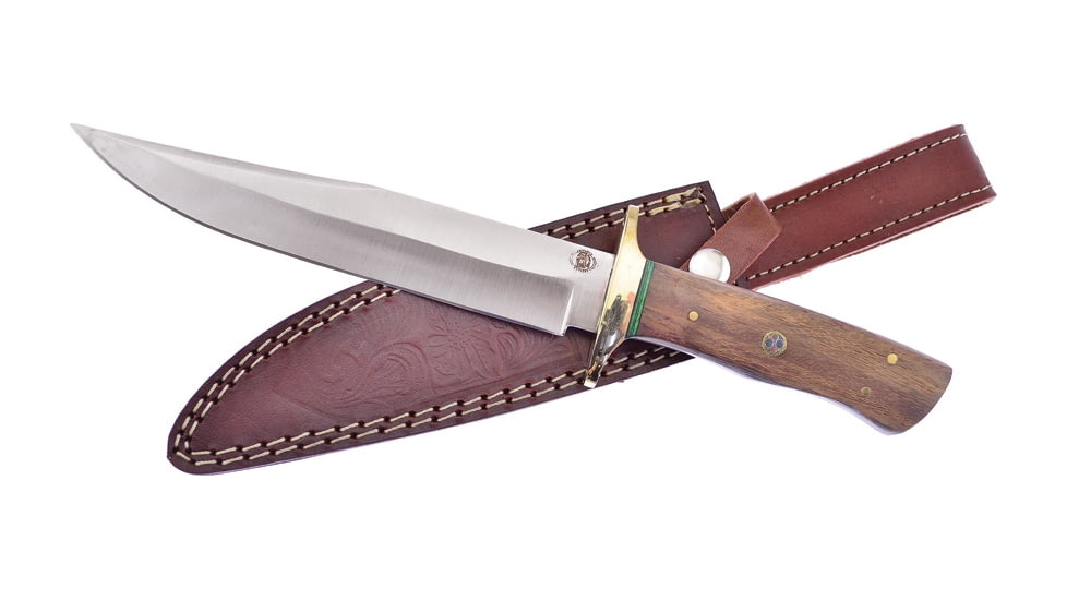 Frost Buffalo Spirit Bowie Knife, Chipaway, 12.25in Overall, 7.5in Satin SS Clip Point Blade, Brown Wood Handle, Brass Guard, Brown Leather Sheath, CW668