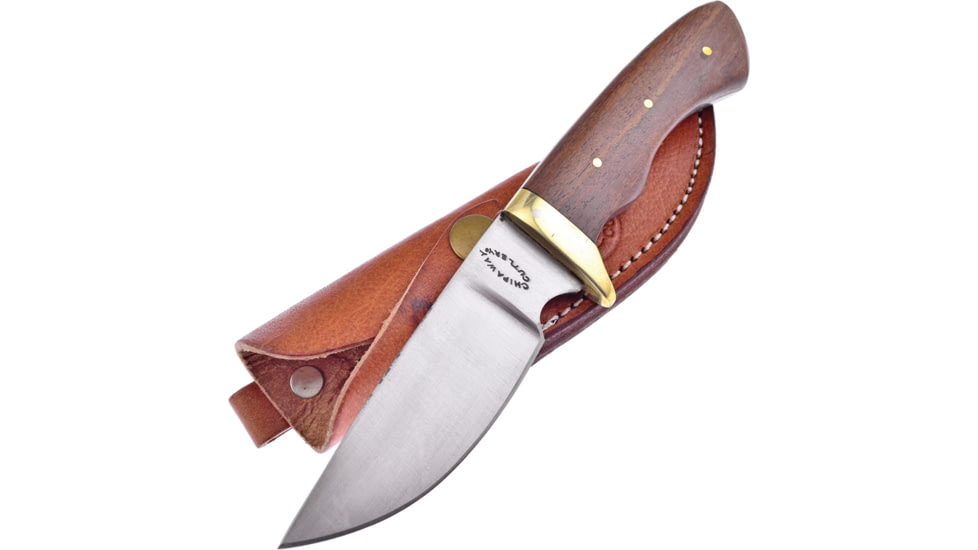 Frost Chickasaw Skinner Rosewood Knife, Chipaway, 8in Overall, 3.75in Satin SS Blade, Rosewood Handle, Brass Guard, Brown Leather Sheath, CW-009RW