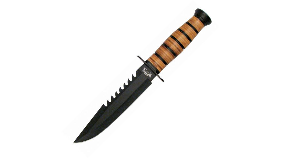 Frost Combat Survival Fixed Blade Knife, 7in, Stainless Steel, Standard Edge, Sawback, Black, Stacked Leather Handle F18109B