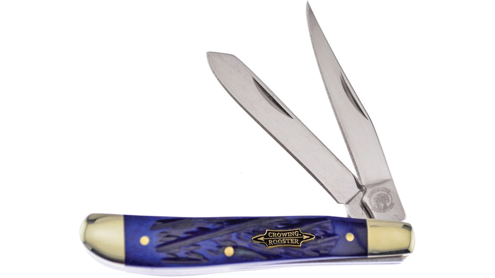 Frost Crowing Rooster Trapper Blue Crowing Rooster Folding Knife, Mirror SS Clip/ Spey Blades, Blue Jigged Bone Handle, Nickel Silver Bolster, Inlay Shield, Blue, CR-265BLJB