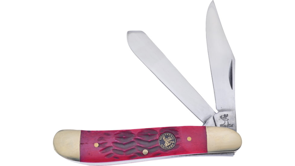 Frost Dog Leg Trapper Dark Red Folding Knife, Mirror finish stainless clip and spey blades, Dark red jigged bone handle, WT-951DRJB