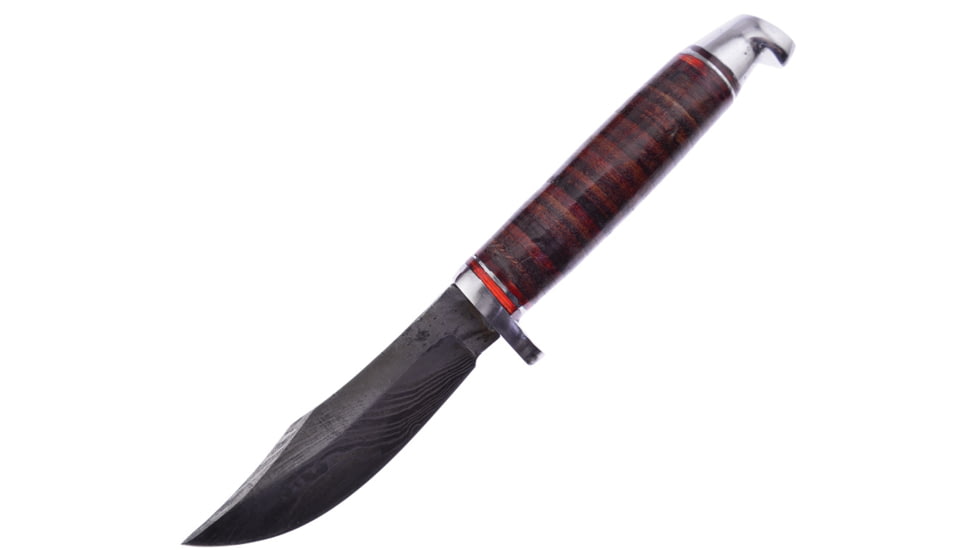Frost Fixed Blade Stacked Leather Knife, 7.5in Overall, 3.75in Damascus Steel Clip Point Blade, Stacked Leather Handle, Leather Sheath, WT-1028D