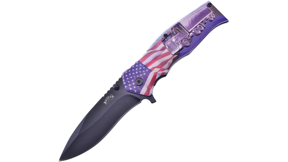 Frost Flag/Truck Linerlock A/O Folding Knife, 4 black finish stainless blade, Aluminum handle, FC-111AM