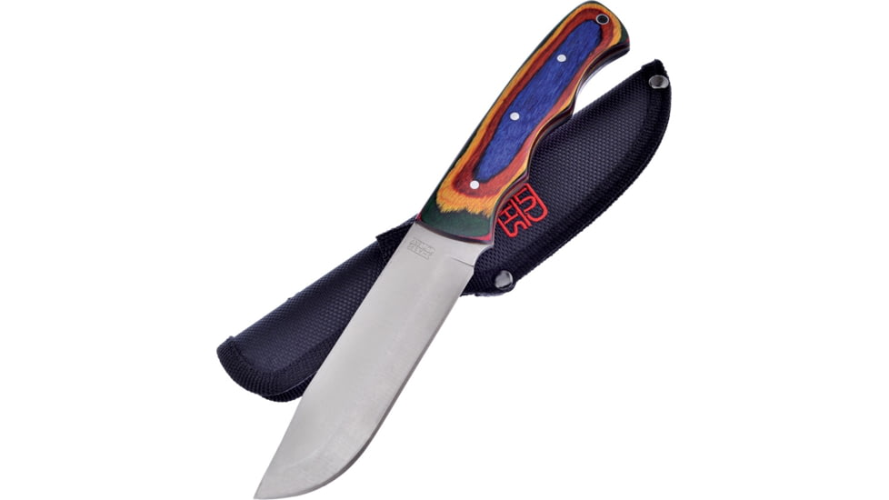 Frost Frostwood Knife, Sharps Cutlery, 9in Overall, 4.25in Satin SS Blade, Finger Grooved Frostwood Handle, Black Nylon Sheath, SHP-121FW