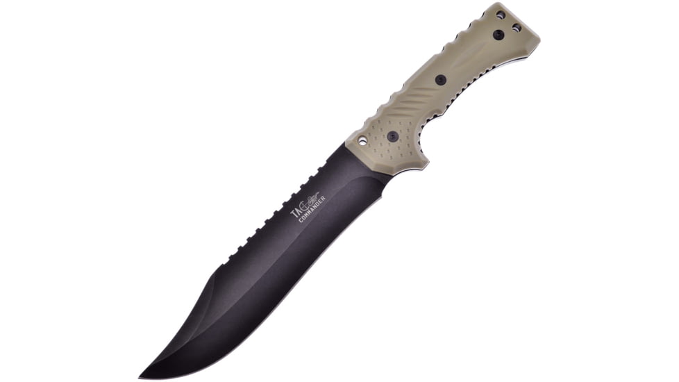 Frost Guardsman Bowie Knife, 13in Overall, 7.5in, Black Coated Sawback Stainless Bowie Blade, Sand Plastic Handle, Plastic Sheath, TC-73SAND