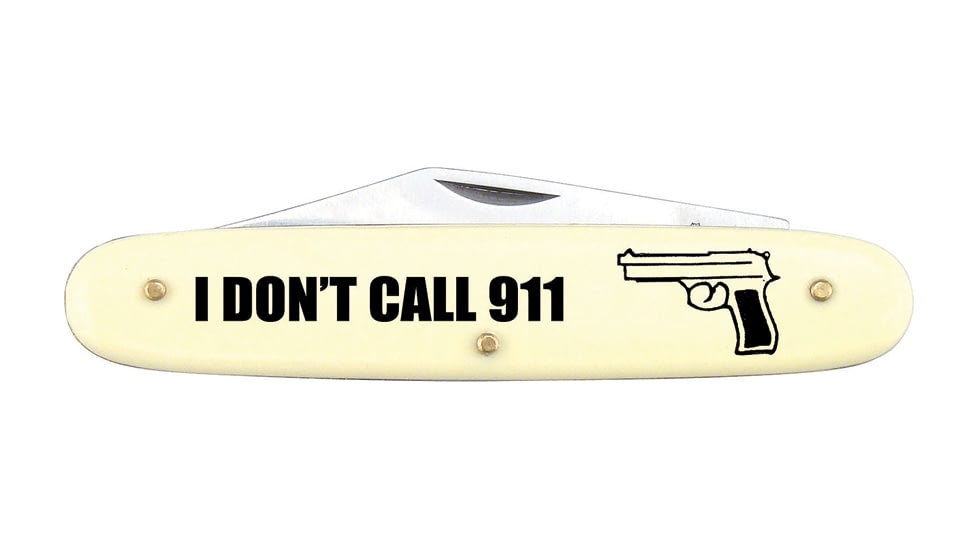 Frost I Don't Call 911 Folding Knife, 2.38in Satin SS Clip Blade, Yellow Synthetic Handle, I Don'T Call 911 Artwork, N-911