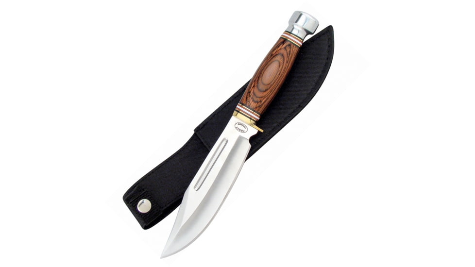Frost Iron Horse Pakkawood Bowie Fixed Blade Knife, 10.25in Overall, 5.5in Satin SS Clip Point Blade, Brown Pakkawood Handle, Brass Guard And SS Pommel, Black Nylon Belt Sheath, brown, 16-718BW
