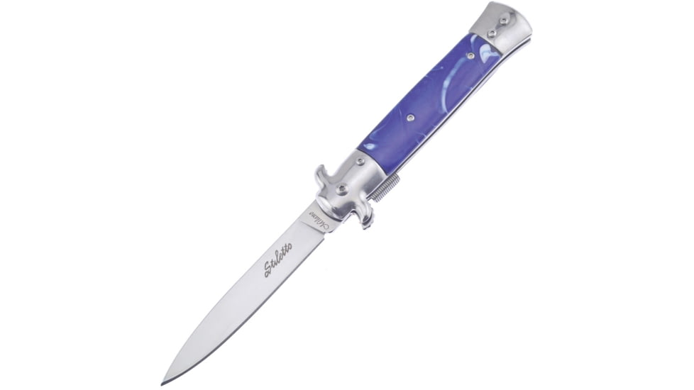 Frost Italian Stiletto Milano A/O Folding Knife, 5in Closed, 4in Mirror SS Spear Point Blade, Blue Synthetic Handle, SS Bolster, Pocket Clip, ISM-001BL