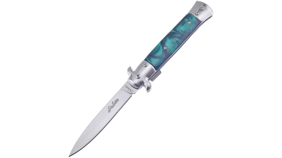 Frost Italian Stiletto Milano A/O Folding Knife, 5in Closed, 4in Mirror SS Spear Point Blade, Green Synthetic Handle, SS Bolster, Pocket Clip, ISM-001G