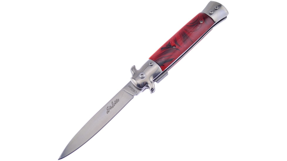 Frost Italian Stiletto Milano A/O Folding Knife, Linerlock, in Closed, 4in Mirror 3Cr13 SS Spear Point Blade, Red And Black Synthetic Handle, ISM-001R/BK