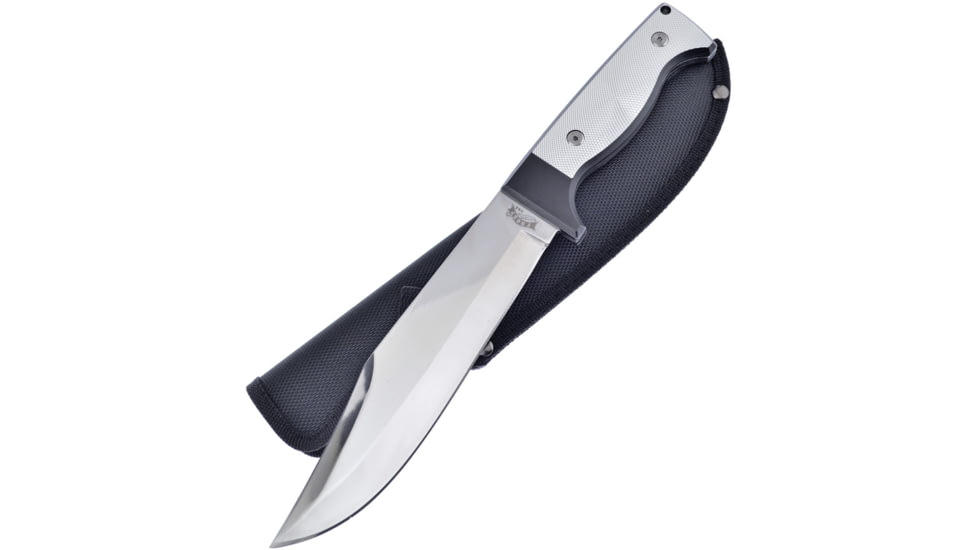Frost Knight Guard II Fixed Blade Knife, 7 mirror finish 440 stainless clip point blade, Black and silver aluminum handle, FC-114