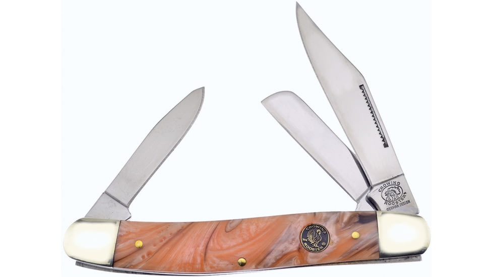 Frost Large Stockman Gold Resin Crowing Rooster Folding Knife, Mirror SS Clip/Sheepsfoot/Spey Blades, Gold Resin Handle, Nickel Silver Bolster, Inlay Shield, Gold, CR-066CG