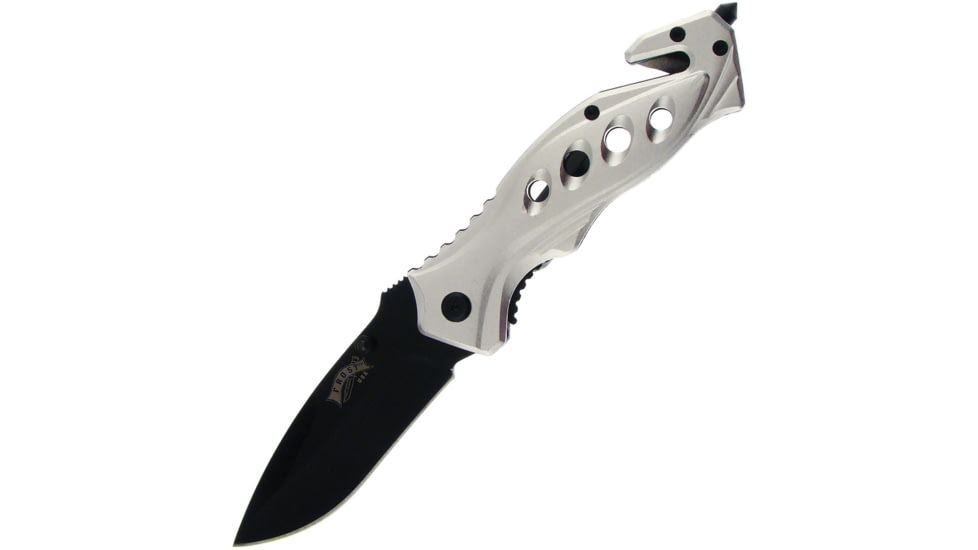 Frost Silver A/O Folding Knife, 4.75in Closed, 3.5in, Black Stainless Blade, Silver Anodized Aluminum Handle, 18-282S