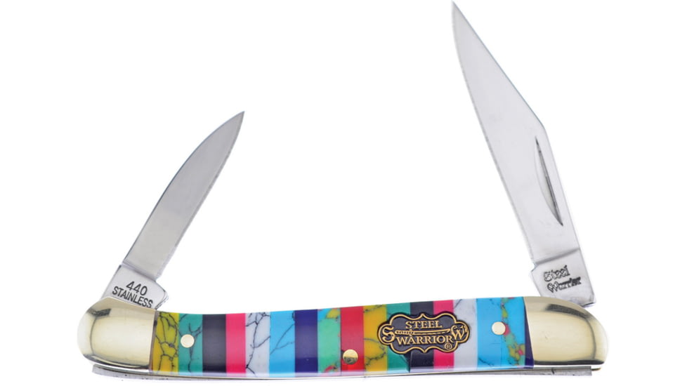 Frost Little Copperhead Stone Folding Knife, Mirror finish stainless clip and pen blades, Multi-color stone handle, SW-216TQT